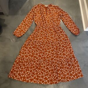 LOFT Rust Orange Floral Tiered Midi Dress Long Sleeve Ruffle Neck Sz M Cottage